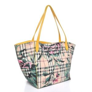 BURBERRY Haymarket NovaCheck Peony Rose Print Tote in Yellow